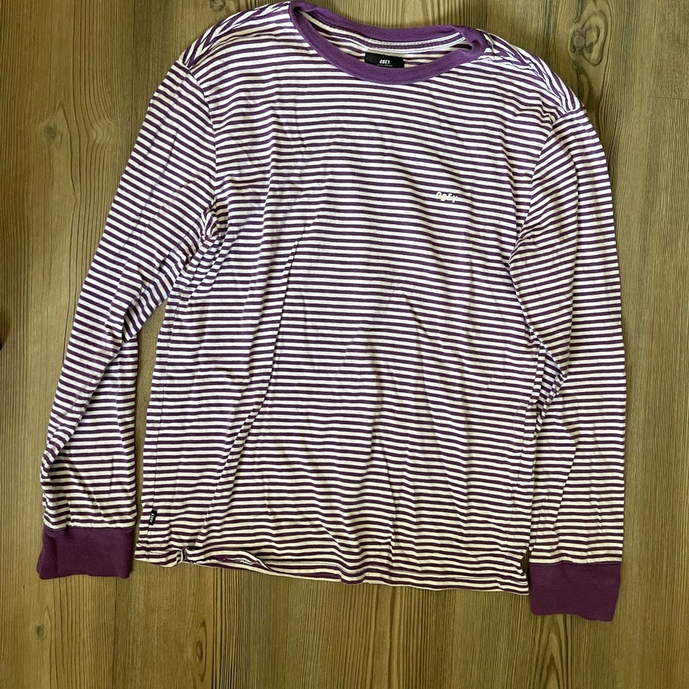 Obey Purple and White Striped Tee